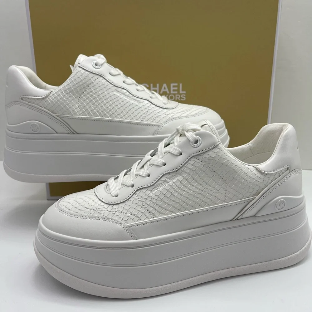 MICHAEL Kors All-White Platform Sneakers HAYES LACE UP EMBOSSED PRINTED LEATHER